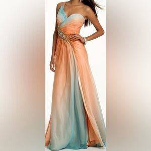 Dave&Jhonny Elegant Orange and Blue Gown with Beaded Detail